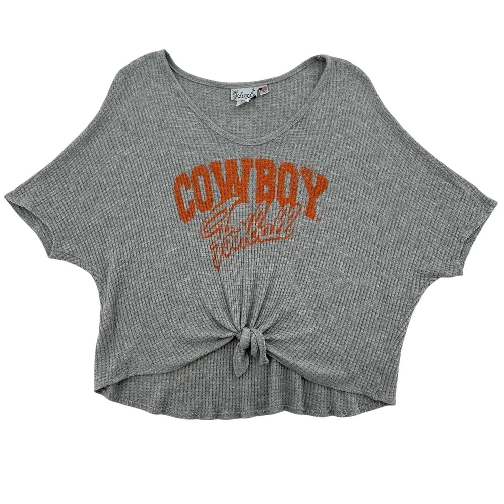Livy Lu Cowboy Football M Gray Waffle Knit Tie Front Dolman Top Cropped Top